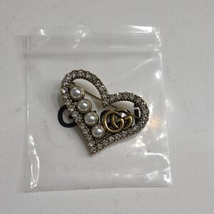 Designer Inspired Gold Heart Pearl & Crystal Brooch